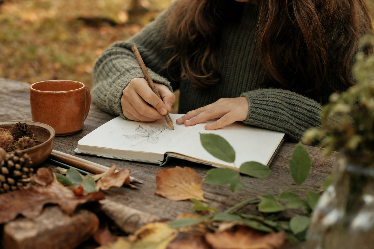 Naturtagebuch führen im warmen Herbstlicht